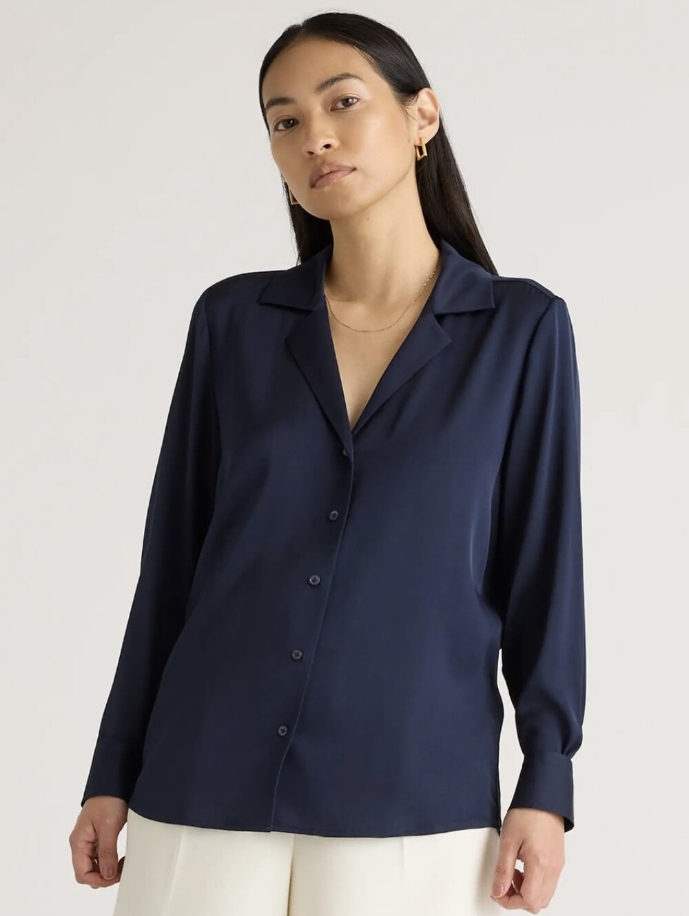 Quince Washable Stretch Silk Notch Collar Blouse Navy Size XS Relaxed Slim Fit